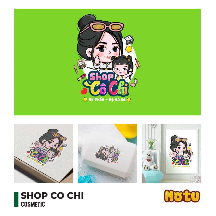 Mẫu thiết kế logo chibi cute Shop Cô Chi mỹ phẩm - mẹ và bé