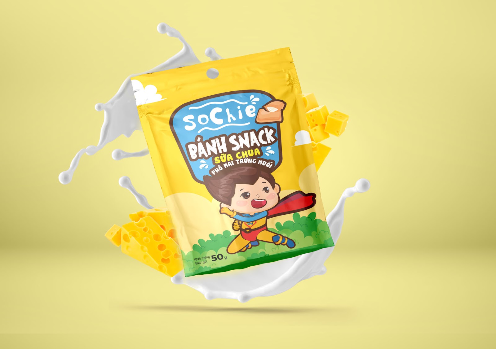 Mẫu thiết kế logo chibi cute Sochie Bánh snack sữa chua vị phô mai trứng muối