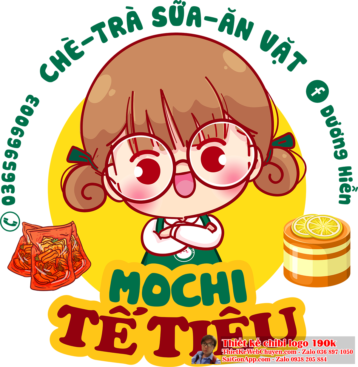 Vẽ chibi cô gái dễ thương bên nhiều đồ ăn vặt để thiết kế logo - phác thảo
