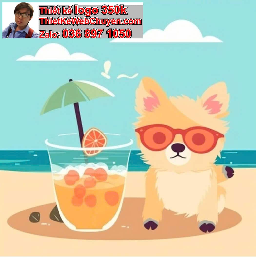 Cún chibi ăn uống trên bãi biển