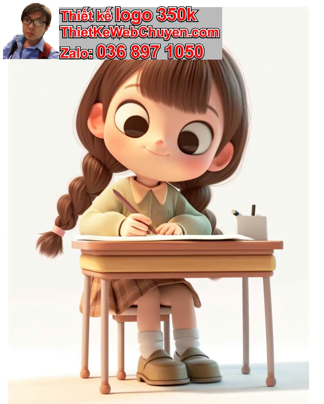 Em bé chibi ngồi bàn học bài