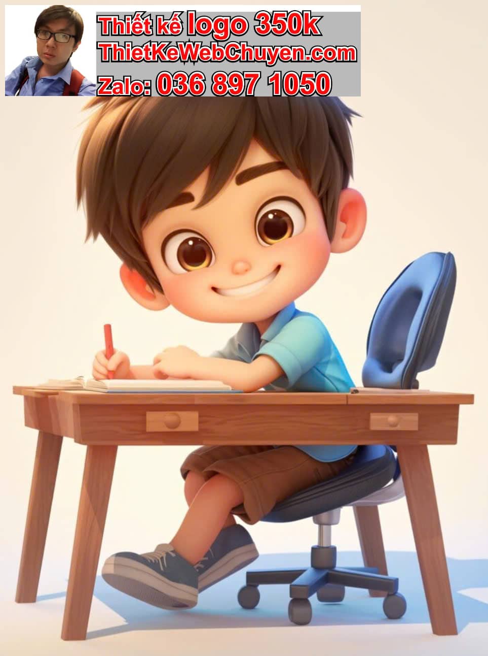 Em bé chibi ngồi bàn học bài