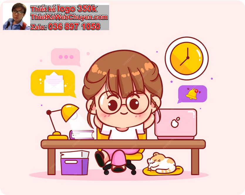 bé gái chibi ngồi bàn làm việc
