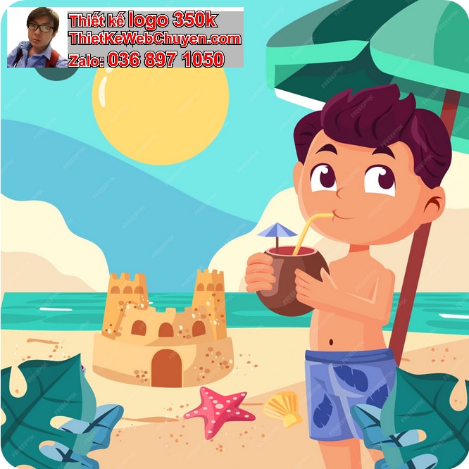 bé trai chibi ăn uống trên bãi biển