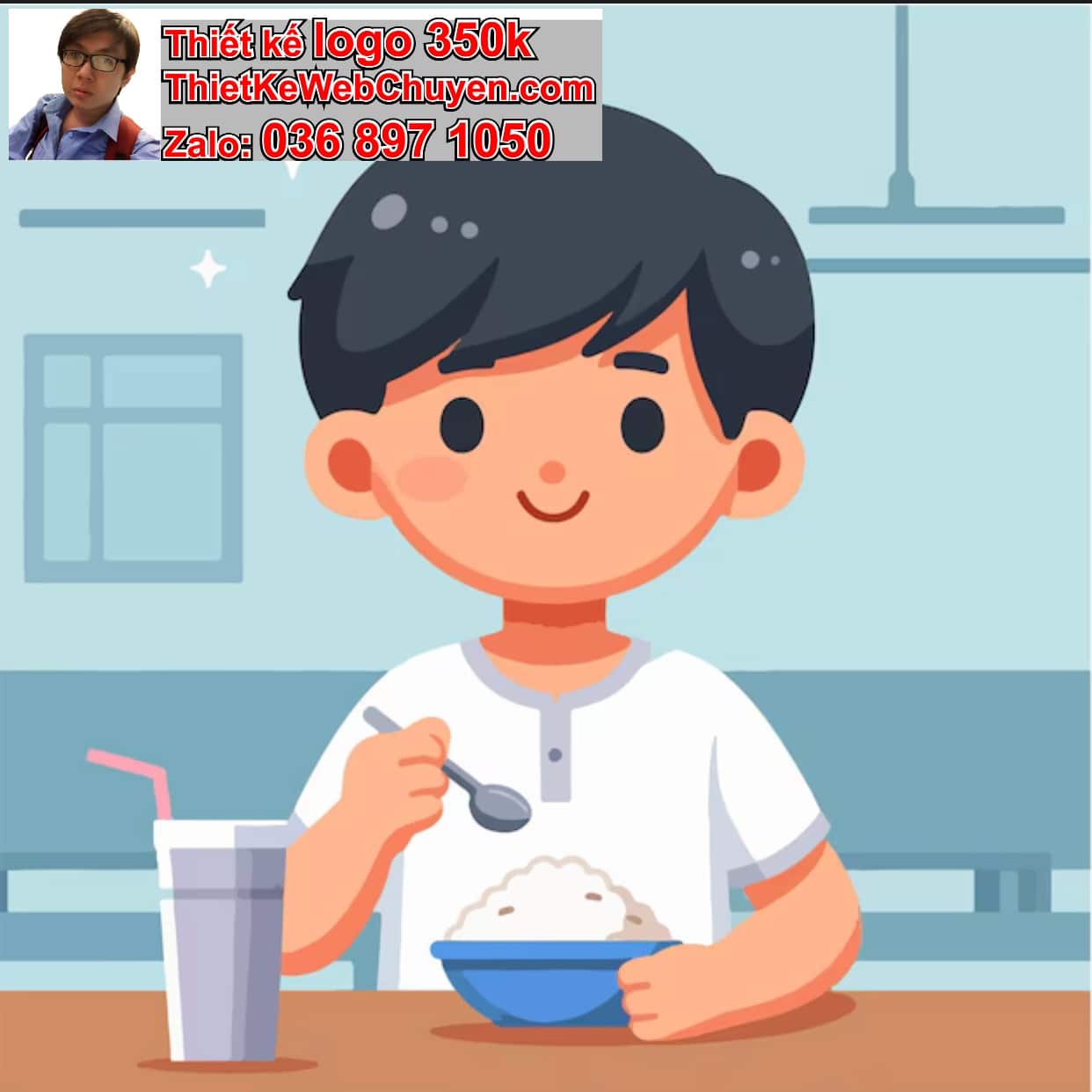 Chàng trai chibi ăn cơm