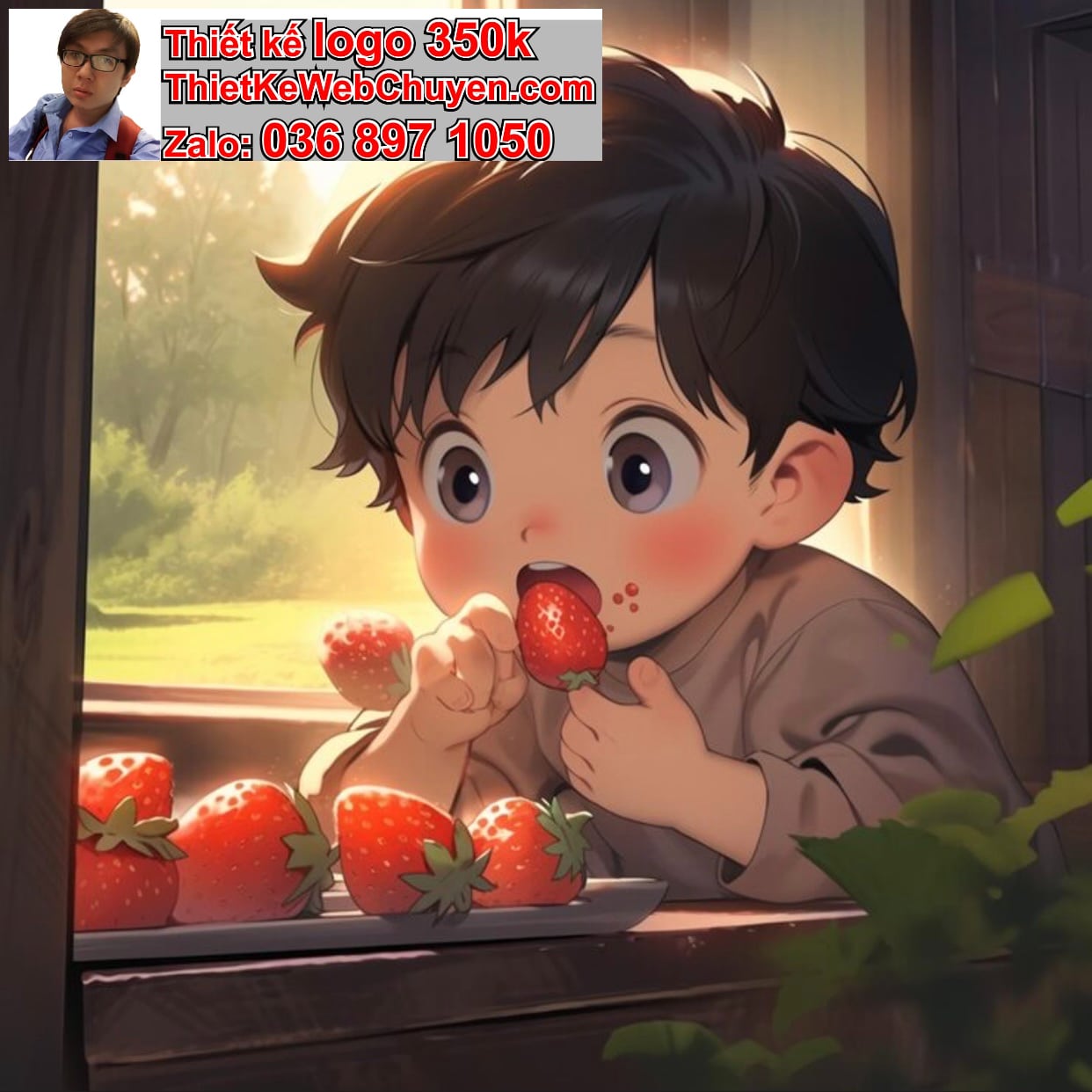 Chàng trai chibi ăn dâu tây