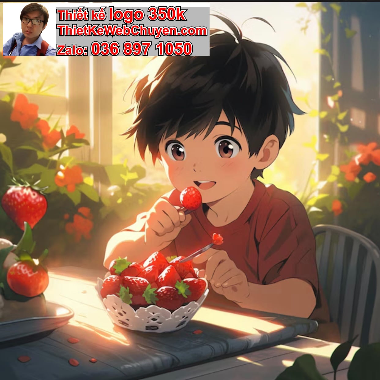 Chàng trai chibi ăn dâu tây