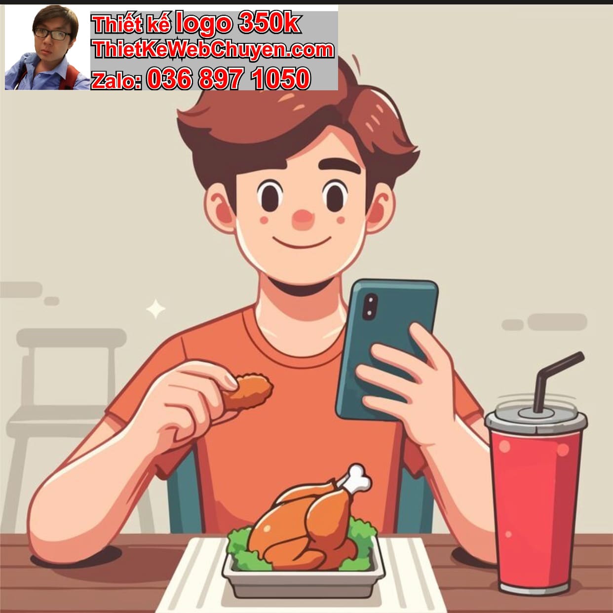 Chàng trai chibi ăn gà rán