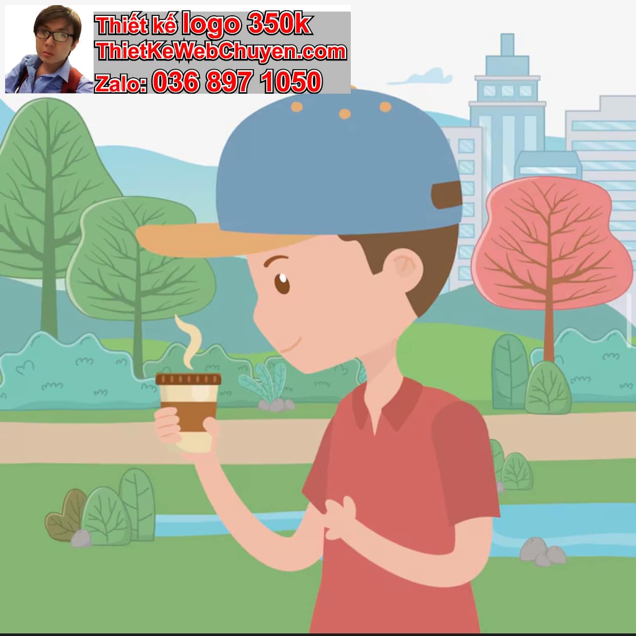 Chàng trai chibi ăn uống ngoài trời