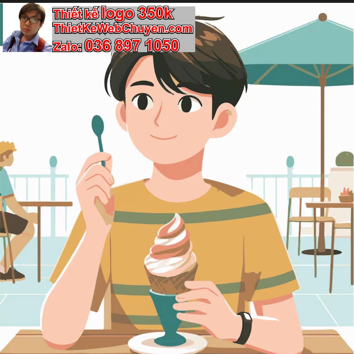 Chàng trai chibi ăn uống ngoài trời