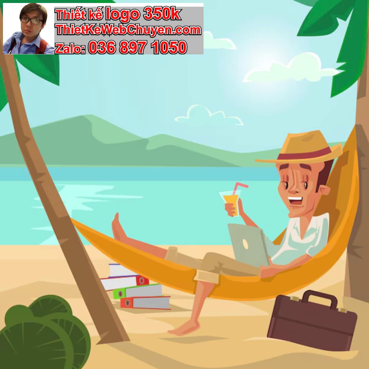 Chàng trai chibi ăn uống trên bãi biển