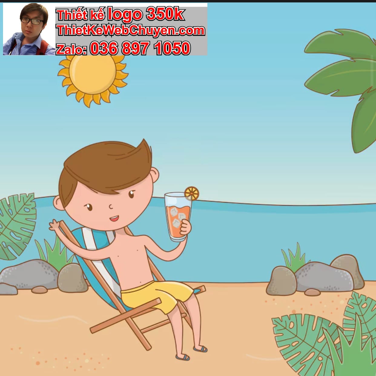 Chàng trai chibi ăn uống trên bãi biển