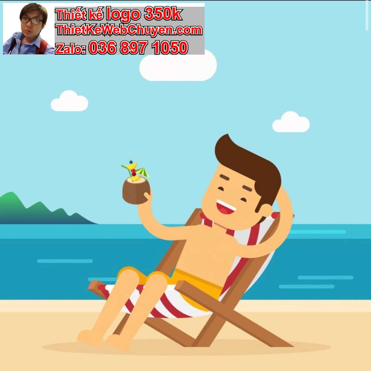 Chàng trai chibi ăn uống trên bãi biển