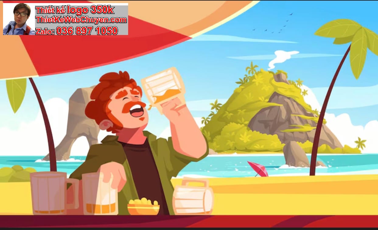 Chàng trai chibi ăn uống trên bãi biển