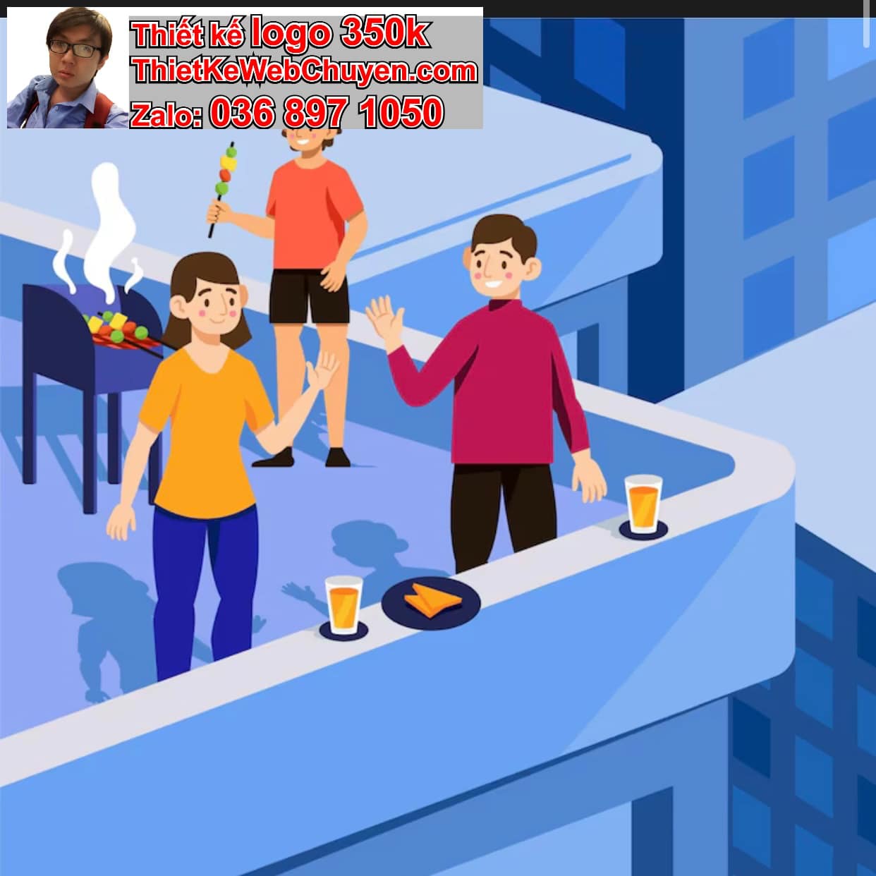 Chàng trai chibi ăn uống trên mái nhà