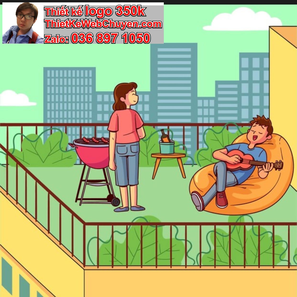 Chàng trai chibi ăn uống trên mái nhà