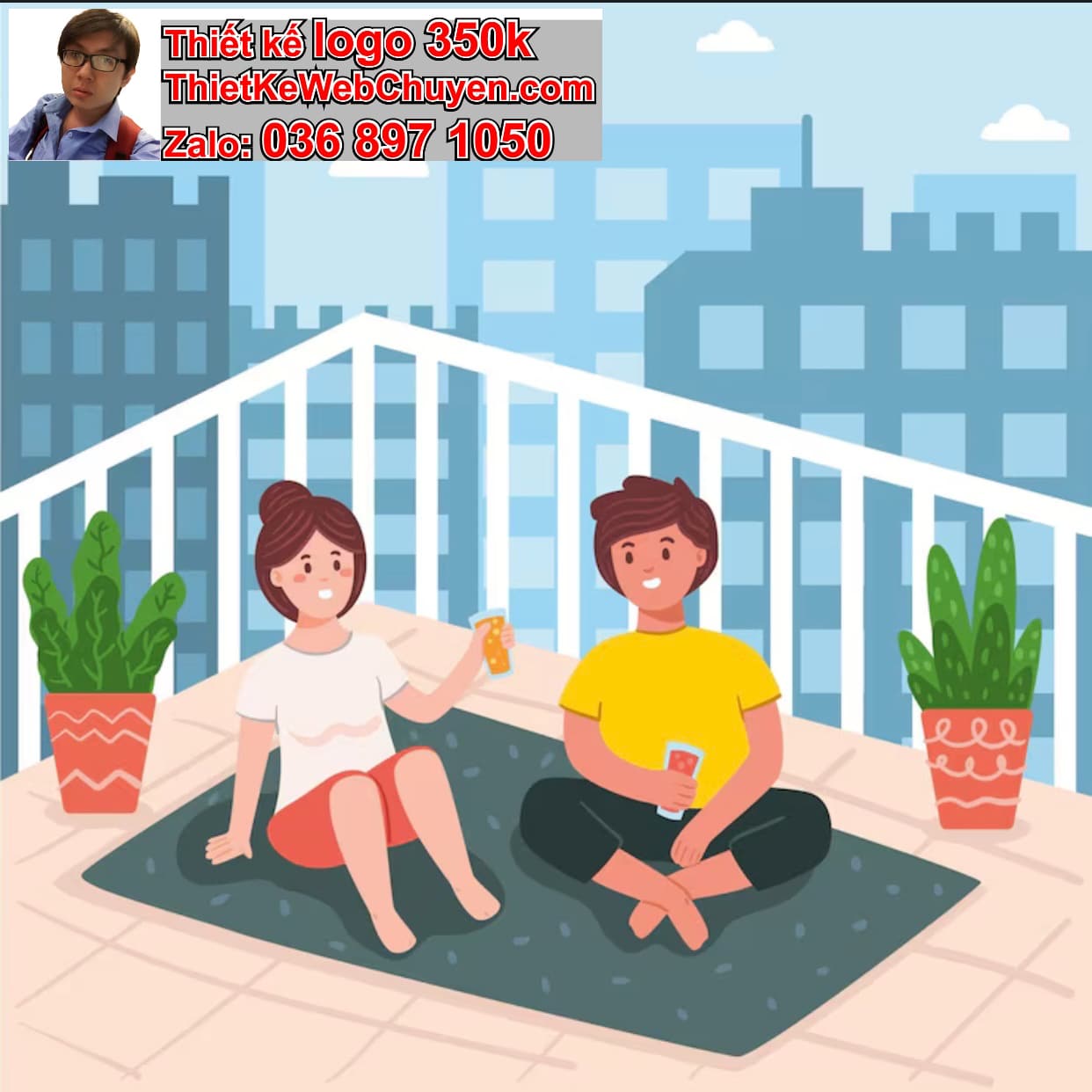 Chàng trai chibi ăn uống trên mái nhà