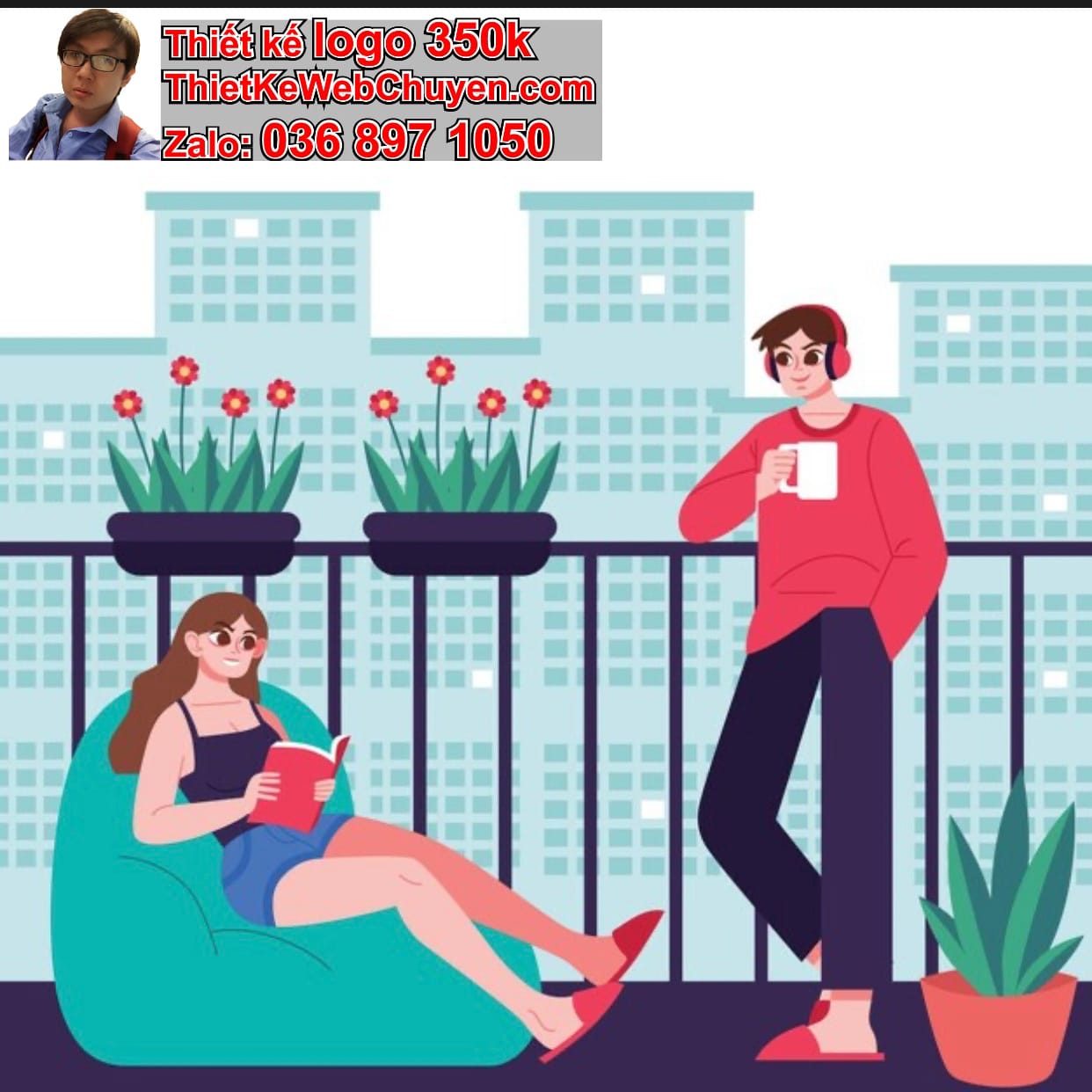 Chàng trai chibi ăn uống trên mái nhà