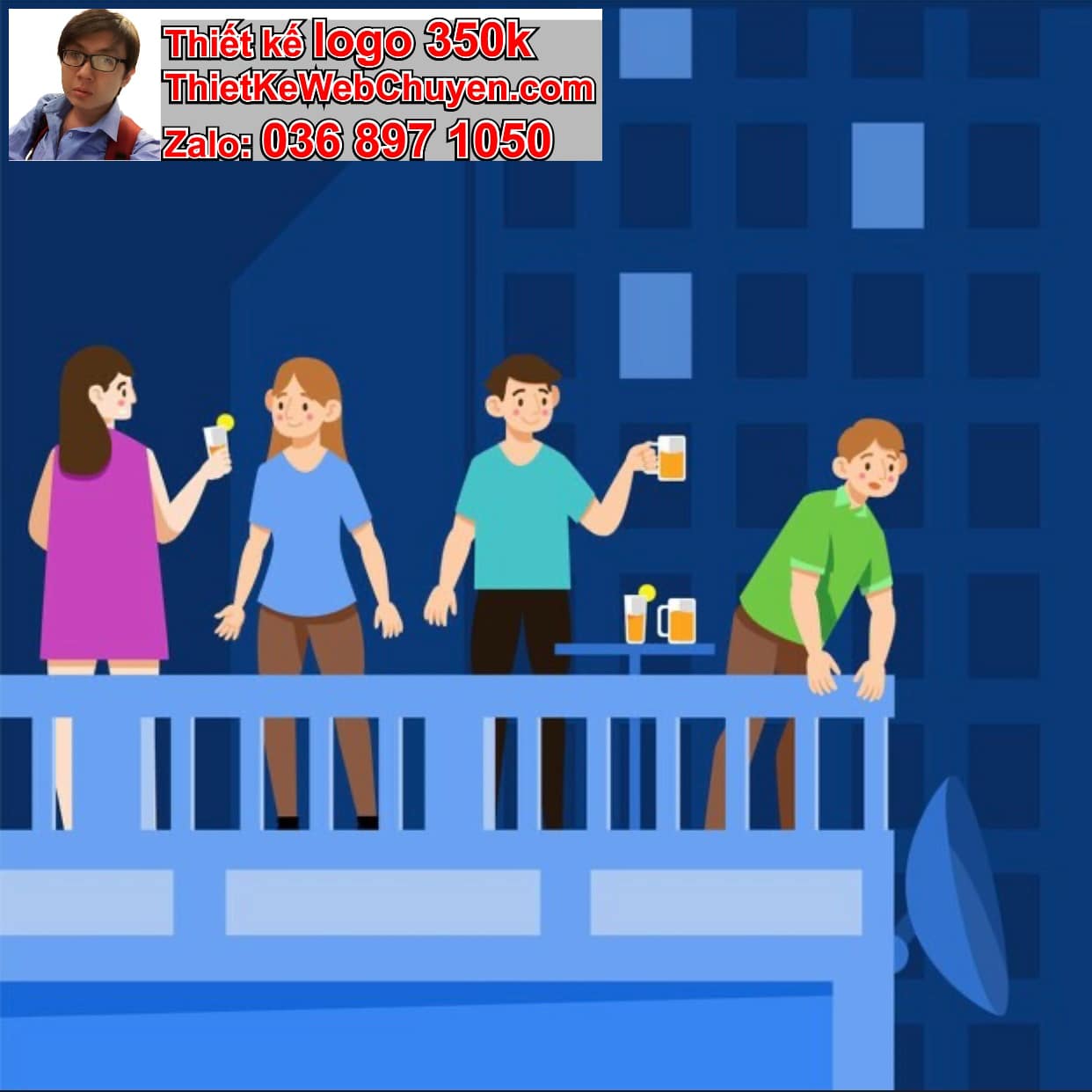 Chàng trai chibi ăn uống trên mái nhà