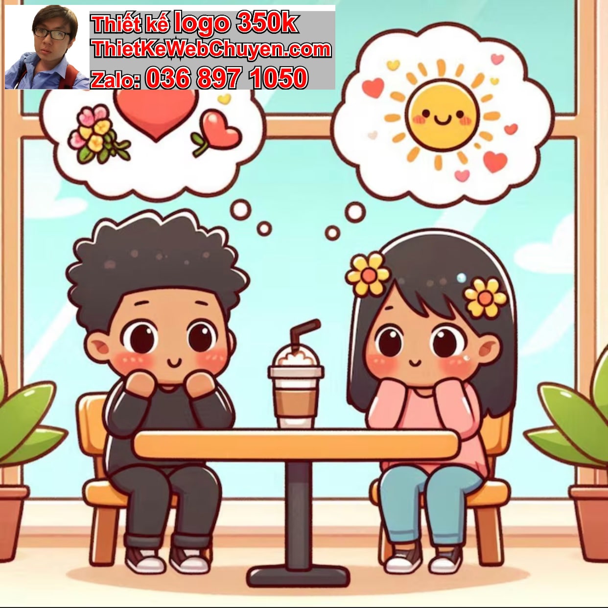 Chàng trai chibi ngồi quán cà phê 