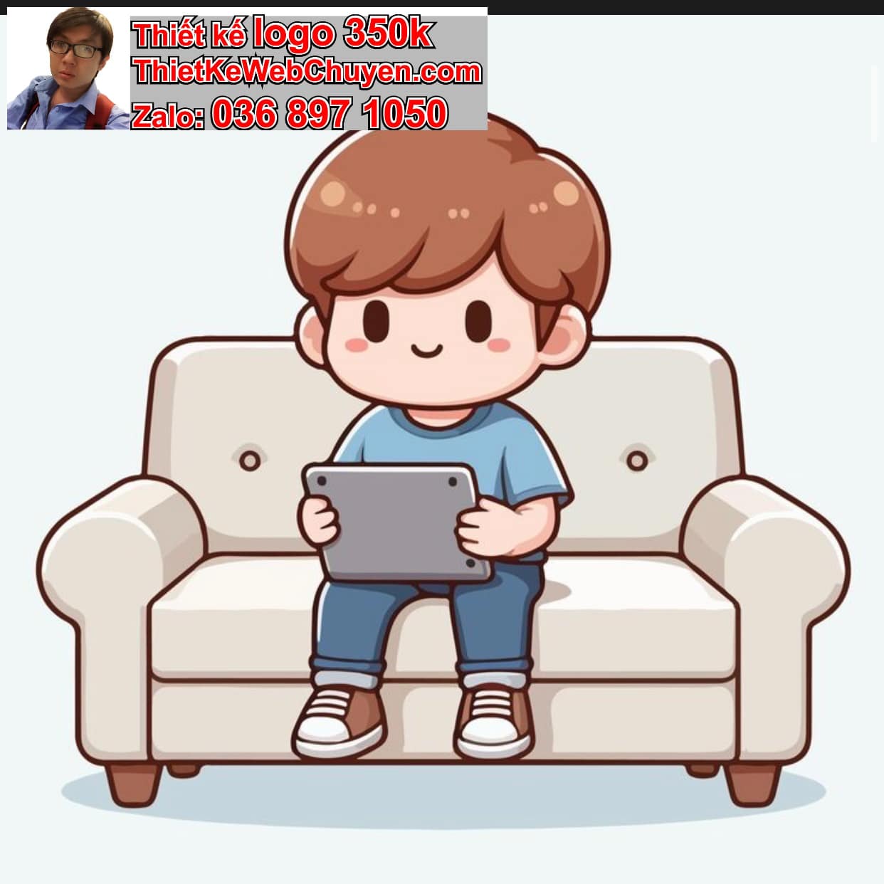 Chàng trai chibi ngồi trên ghế sofa