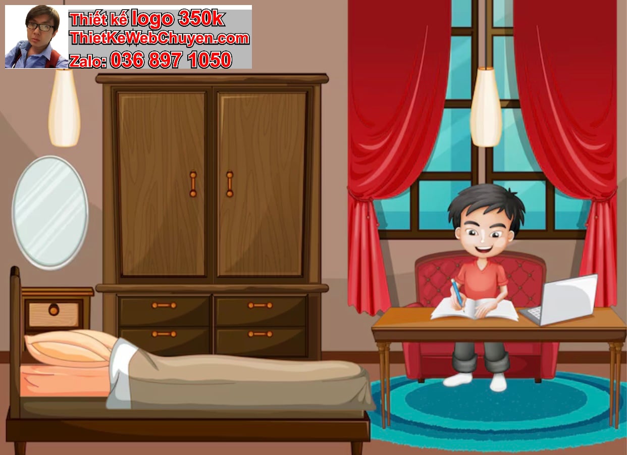 Chàng trai chibi ngồi trong phòng ngủ