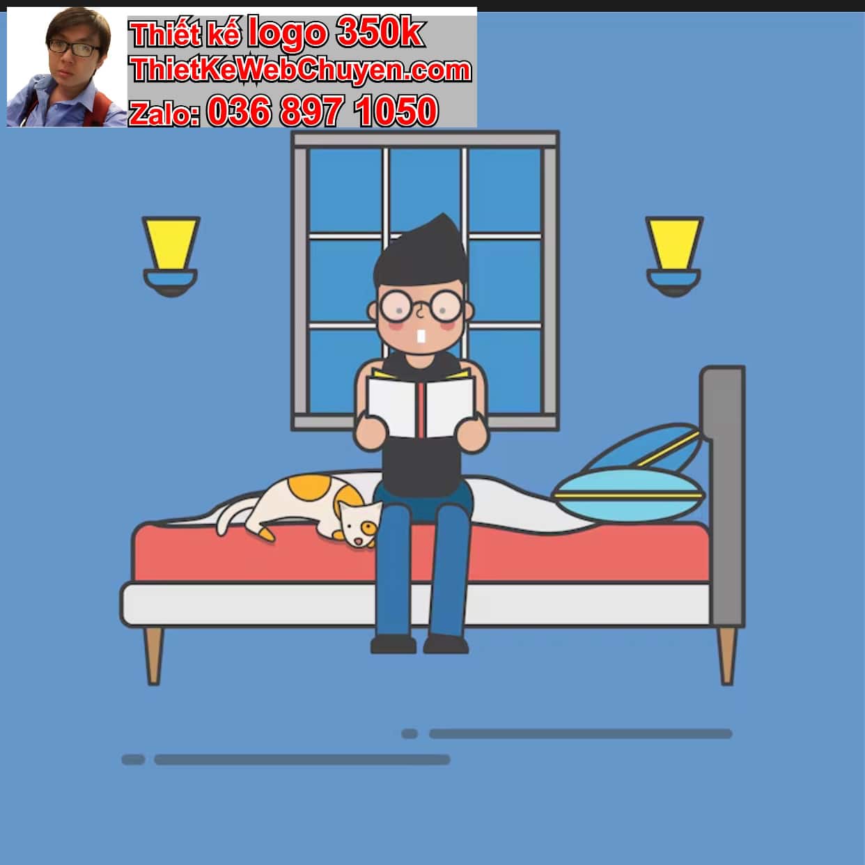 Chàng trai chibi ngồi trong phòng ngủ