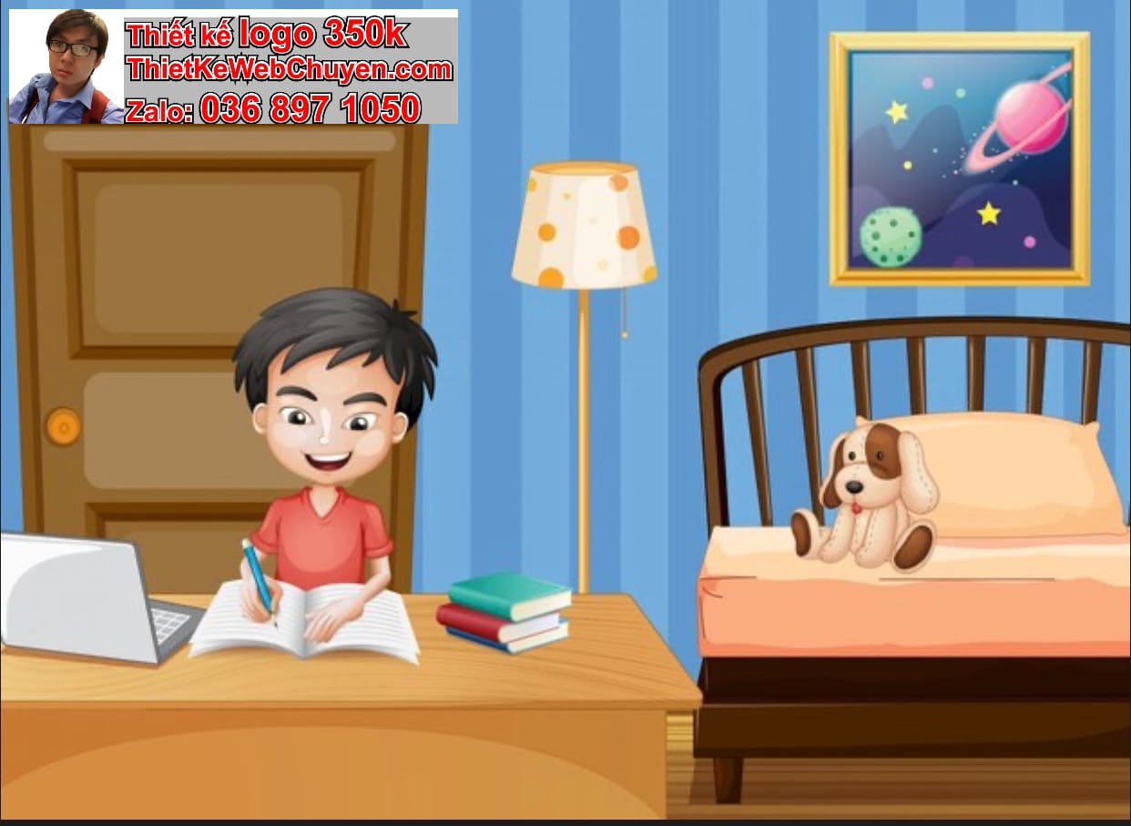 Chàng trai chibi ngồi trong phòng ngủ