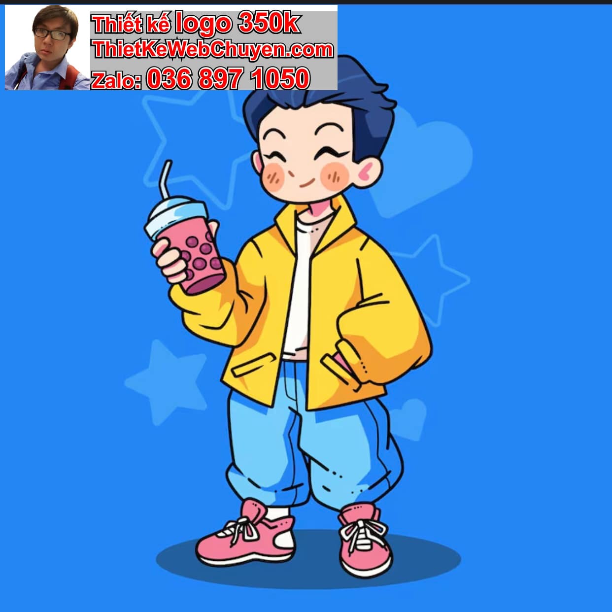 Chàng trai chibi uống trà sữa