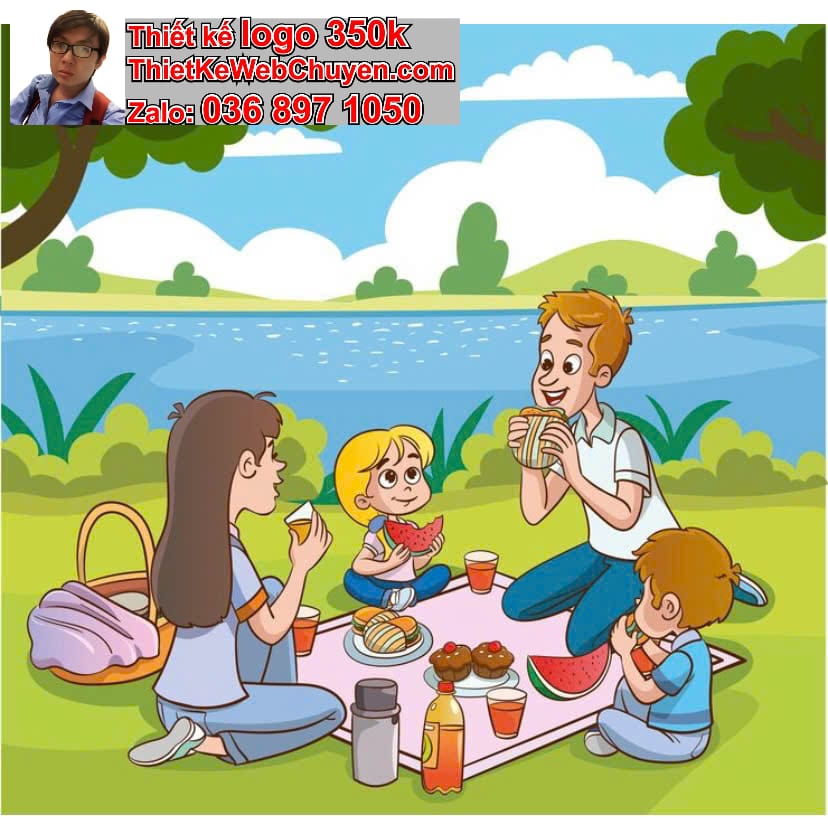 Gia đình chibi ăn uống trong công viên