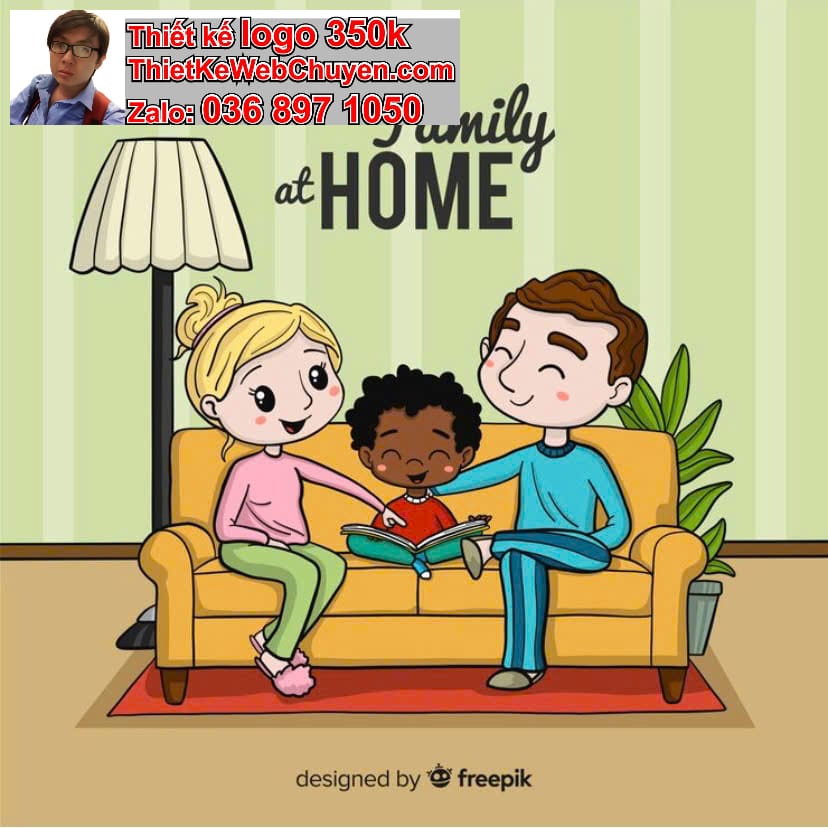 Gia đình chibi ngồi trên ghế sofa