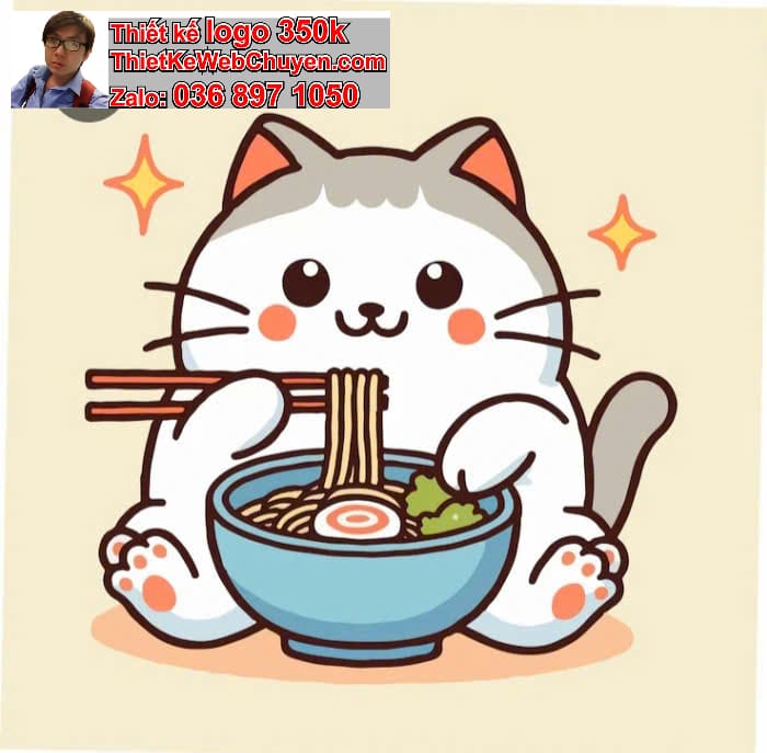 Mèo béo chibi ăn phở