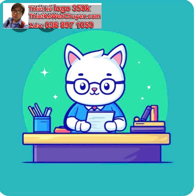 mèo béo chibi ngồi bàn làm việc
