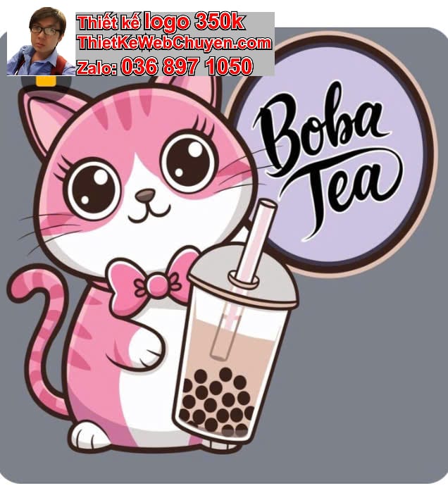 Mèo chibi uống trà sữa