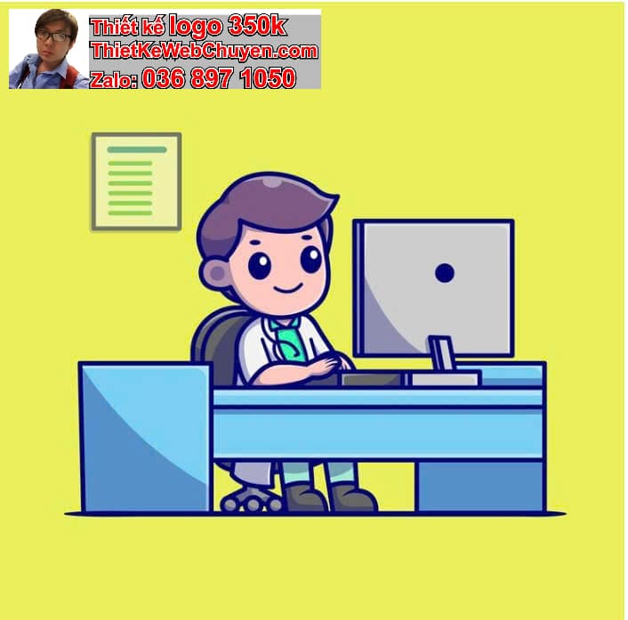 Nhân vật chibi tóc dài ngồi bàn làm việc