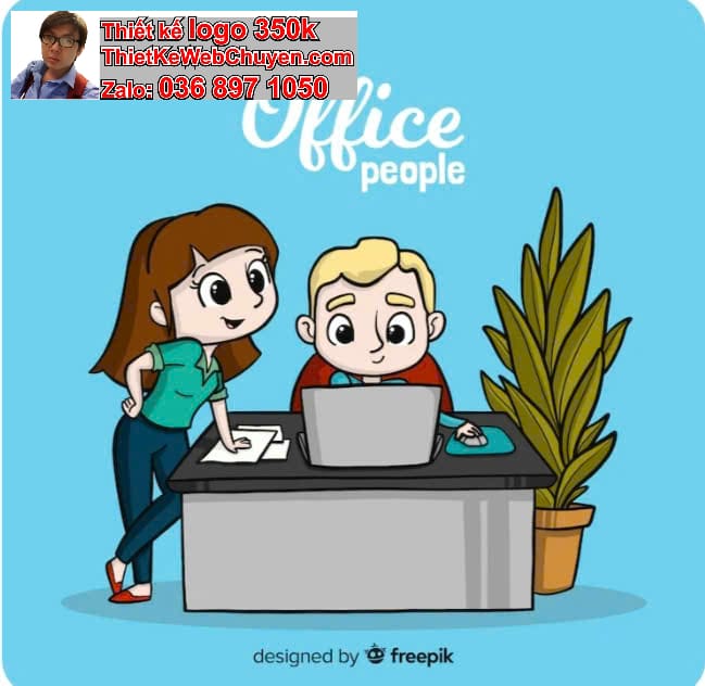 Nhân vật chibi tóc dài ngồi bàn làm việc