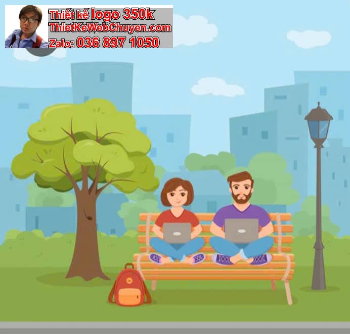 Nhân vật chibi tóc dài ngồi ghế đá công viên