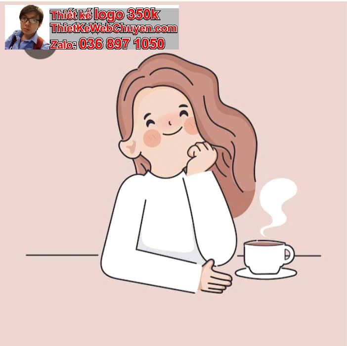 Nhân vật chibi tóc dài uống cà phê