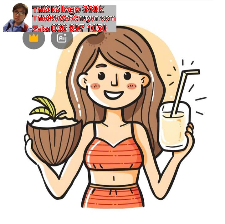 nhân vật chibi tóc dài uống nước ép trái cây