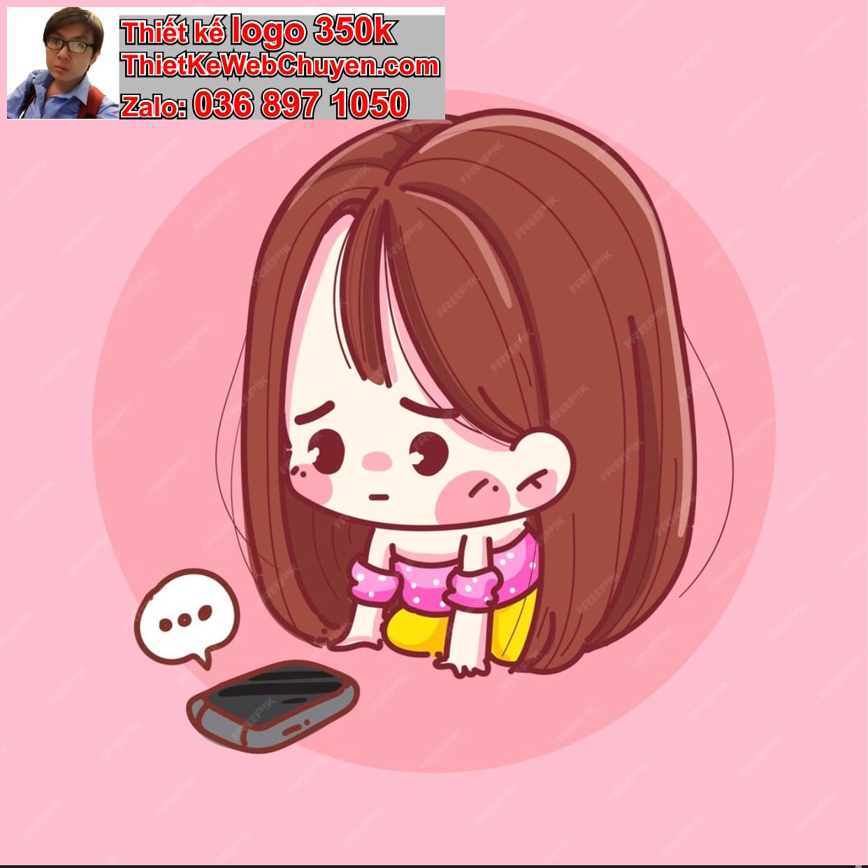 Nhân vật chibi tóc ngắn biểu cảm buồn nhẹ
