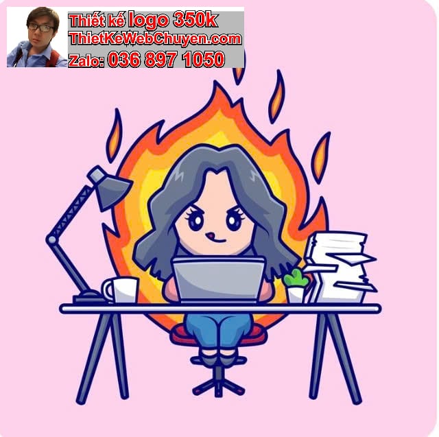 nhân vật chibi tóc ngắn ngồi bàn làm việc