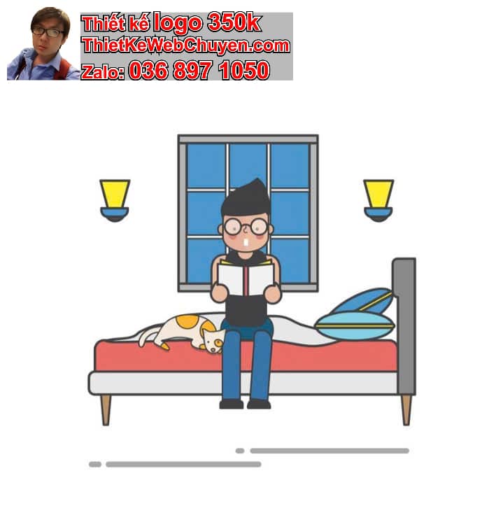 Nhân vật chibi tóc ngắn ngồi trong phòng ngủ