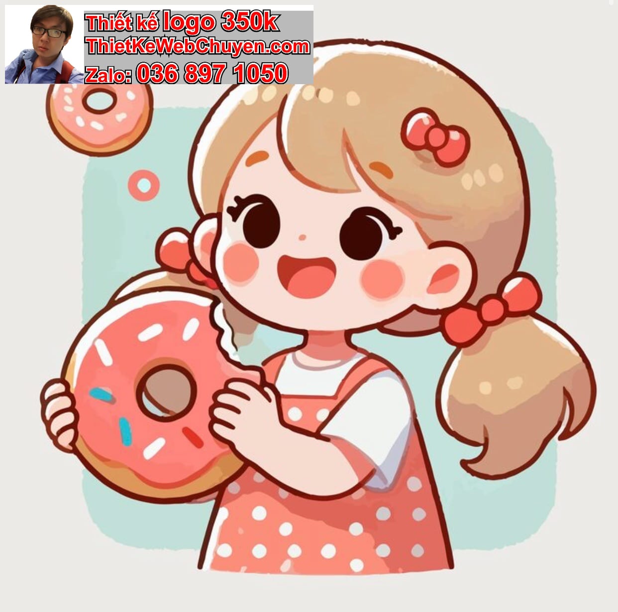 Nhân vật chibi tóc xoăn ăn bánh donut 