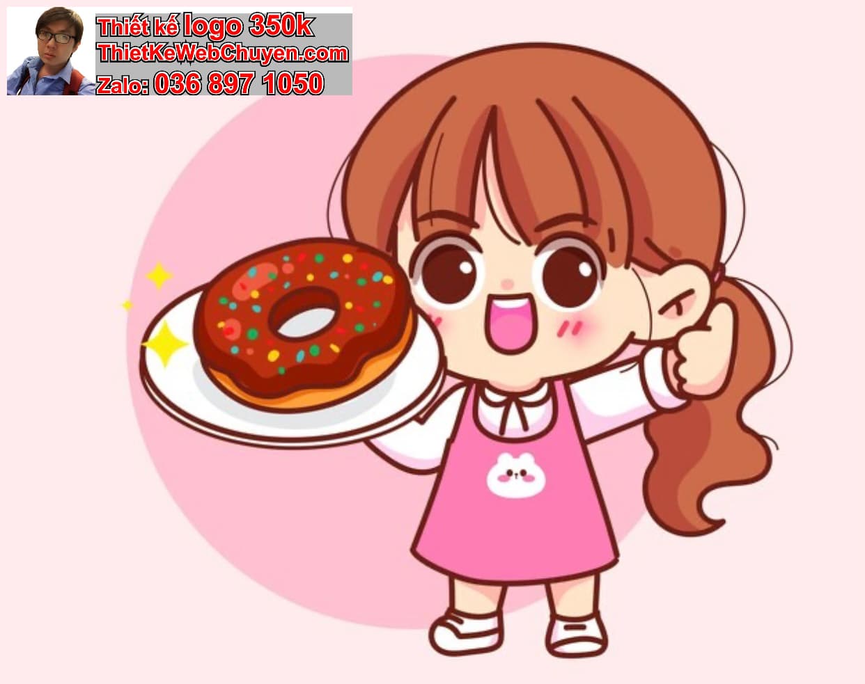 Nhân vật chibi tóc xoăn ăn bánh donut 