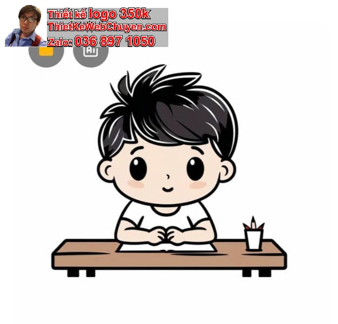 Nhân vật chibi tóc xoăn ngồi bàn học
