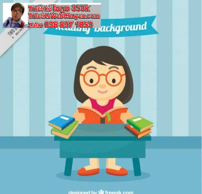Nhân vật chibi tóc xoăn ngồi bàn học