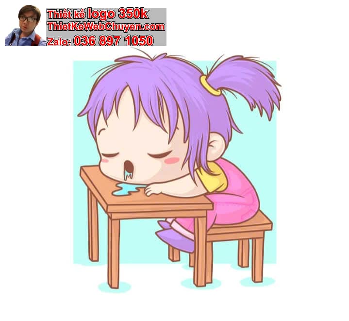 Nhân vật chibi tóc xoăn ngồi bàn học