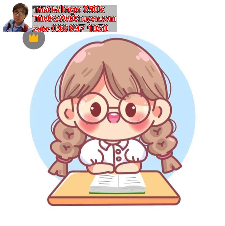 Nhân vật chibi tóc xoăn ngồi bàn học