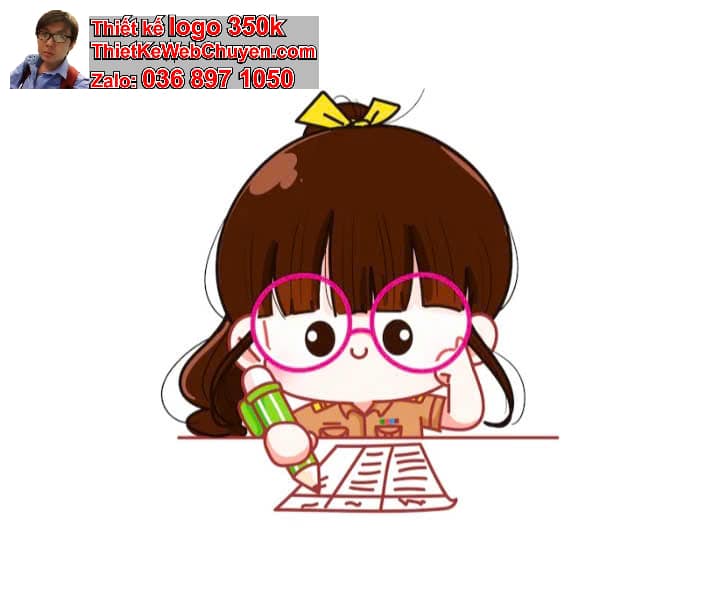 Nhân Vật Chibi Tóc Xoăn Ngồi Bàn Học Bài