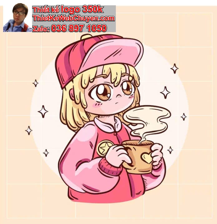 Nhân vật chibi tóc xoăn uống nước ngọt